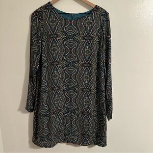 Prana Paisley Long Sleeve Mini Dress, Size L, Teal Brown Multicolor